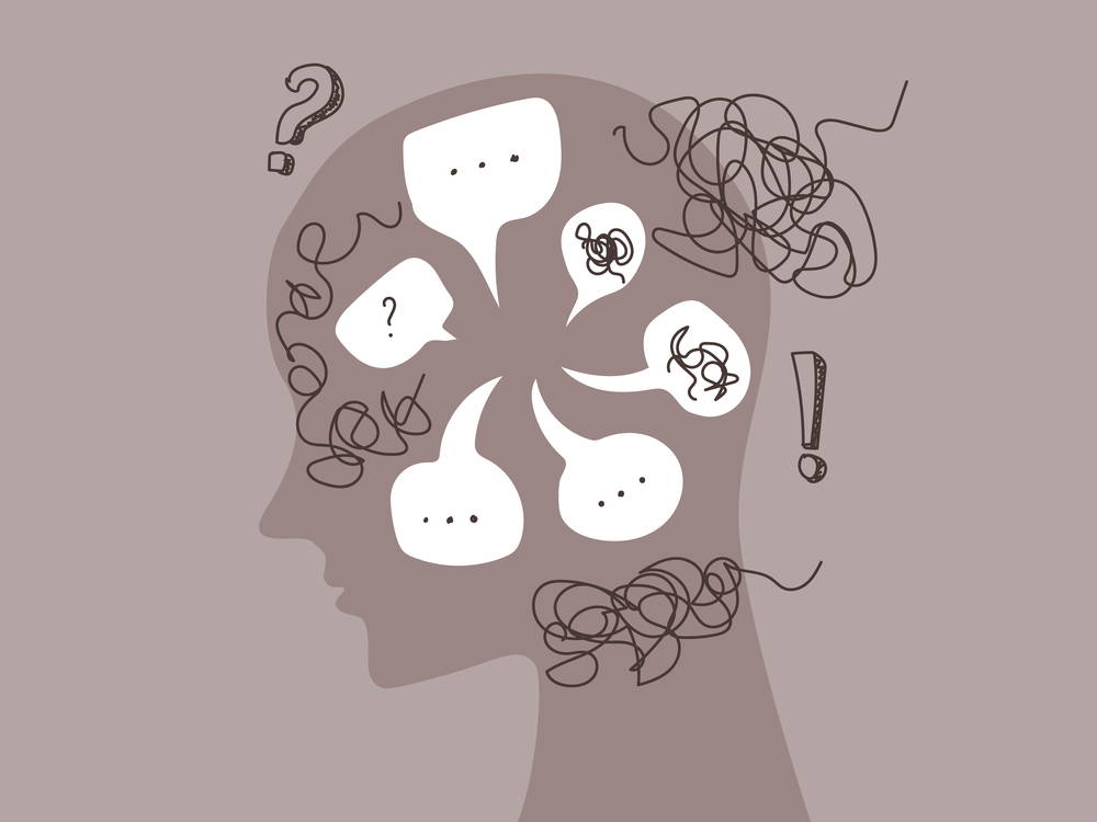 Profile of a person’s head with tangled scribbles and speech bubbles showing mental confusion and overload of thoughts while questioning.