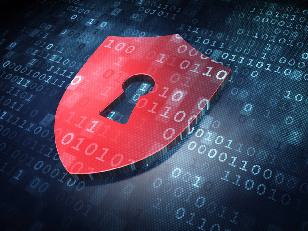 Red shield with a keyhole on a digital binary background, symbolizing cybersecurity and data protection.