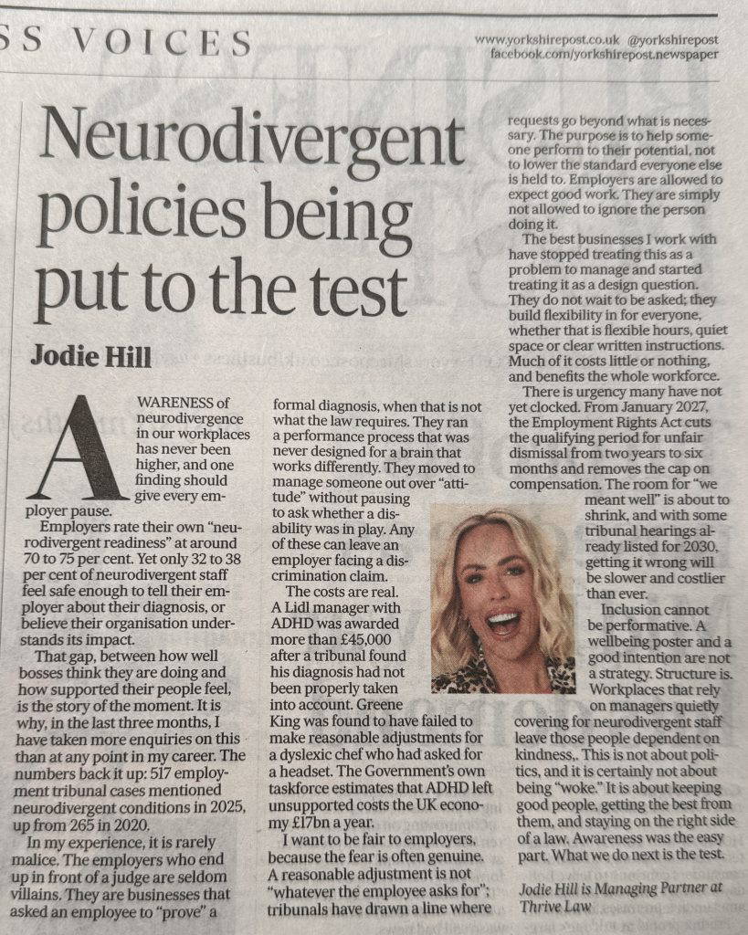 Newspaper article with large headline 'Neurodivergent policies being put to the test' by Jodie Hill
