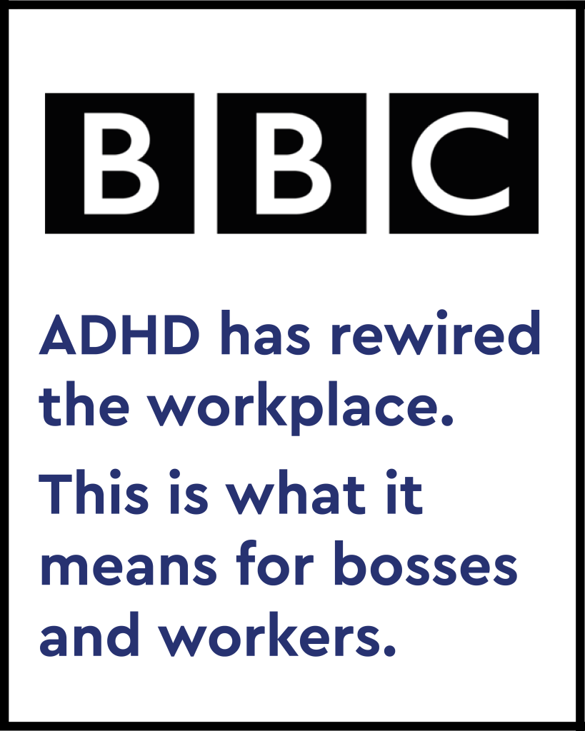 BBC logo shown as three black squares with white letters B B C, followed by the headline about ADHD rewiring the workplace.