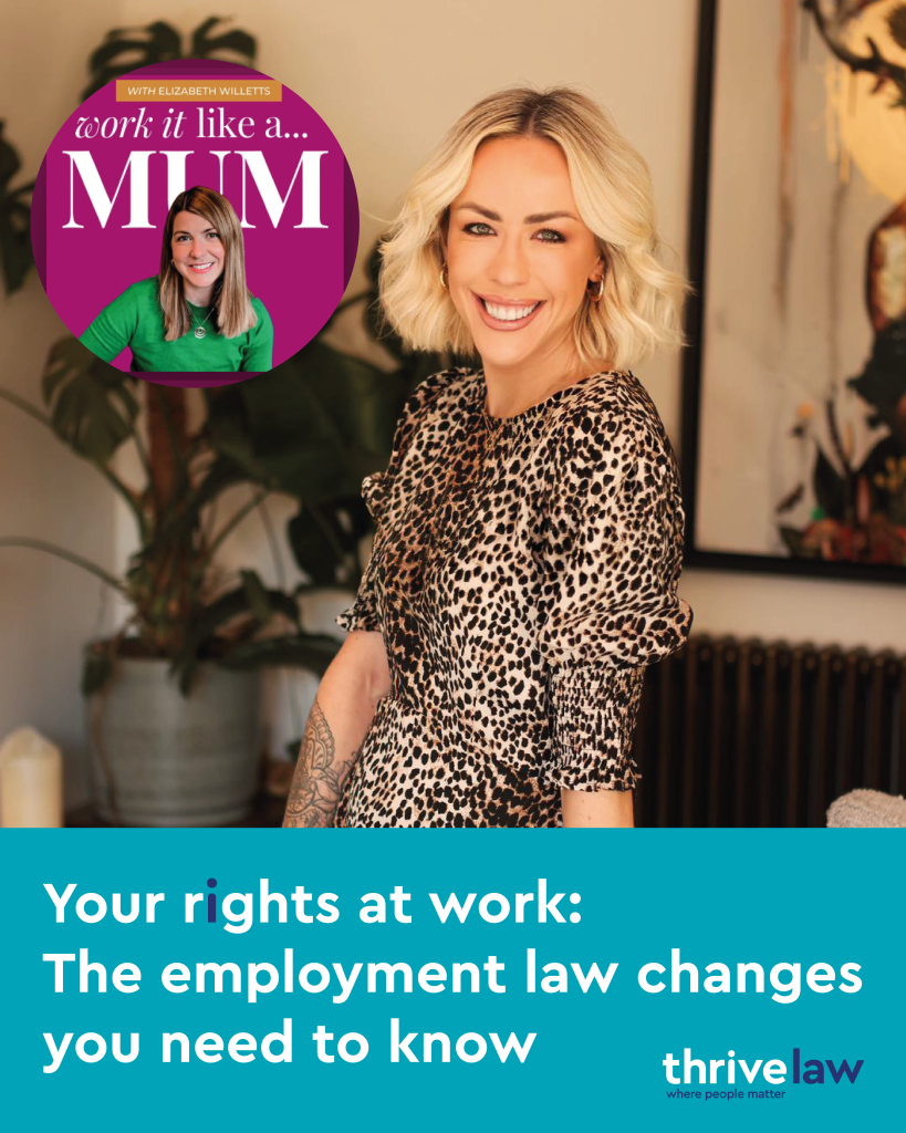 Smiling woman in a leopard print dress with a purple circular badge reading 'work it like a MUM' and a teal bottom banner about employment law rights.]","Portrait of a woman indoors, leopard print dress, with a purple 'work it like a MUM' badge and teal banner about rights at work.
