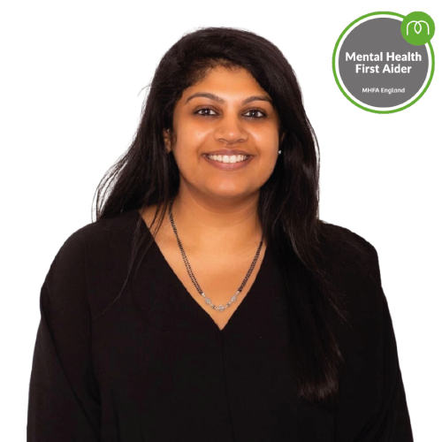 Portrait of a smiling woman wearing a black top, representing a Mental Health First Aider (MHFA England).